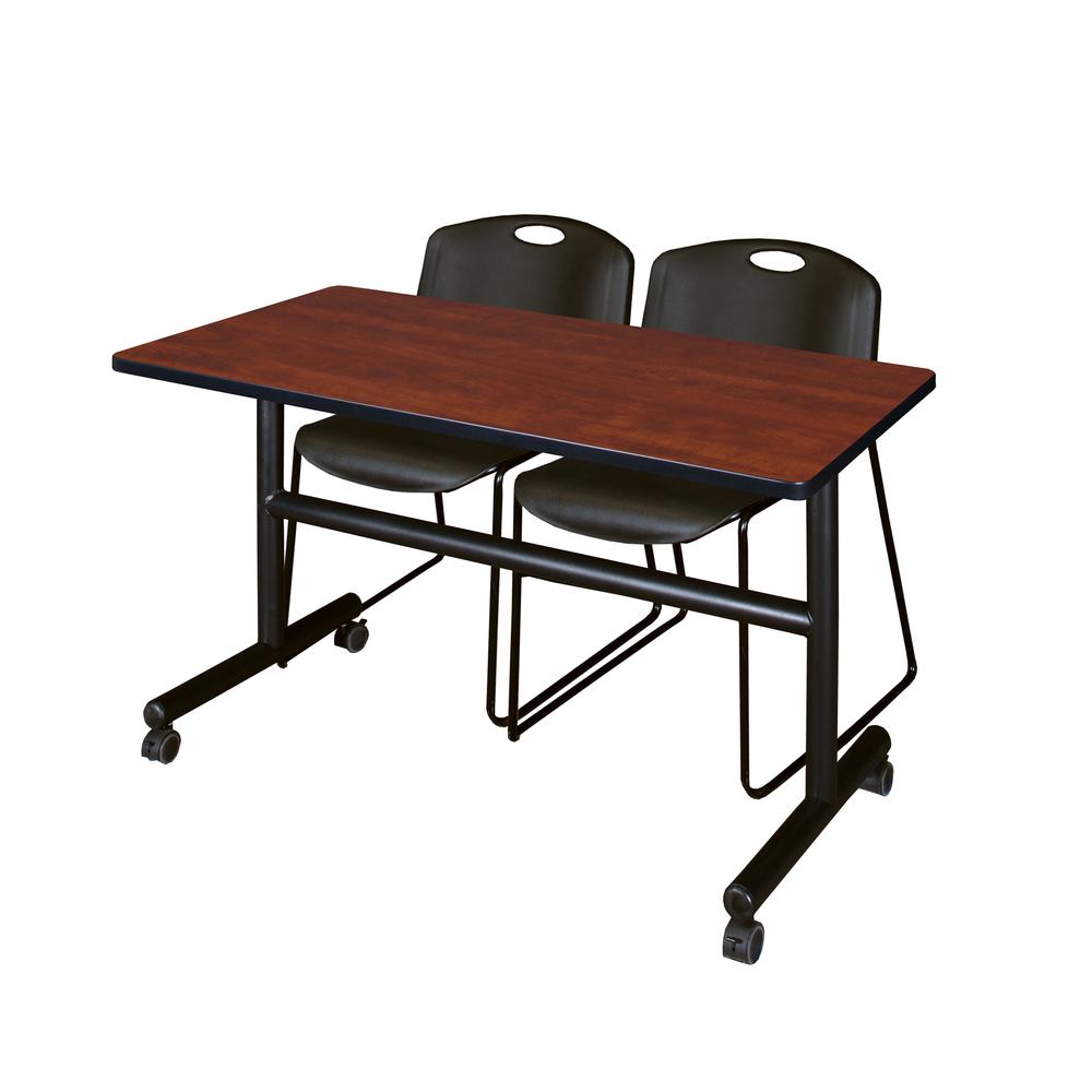 48" x 30" Flip Top Mobile Training Table- Cherry and 2 Zeng Stack Chairs- Black. Picture 1