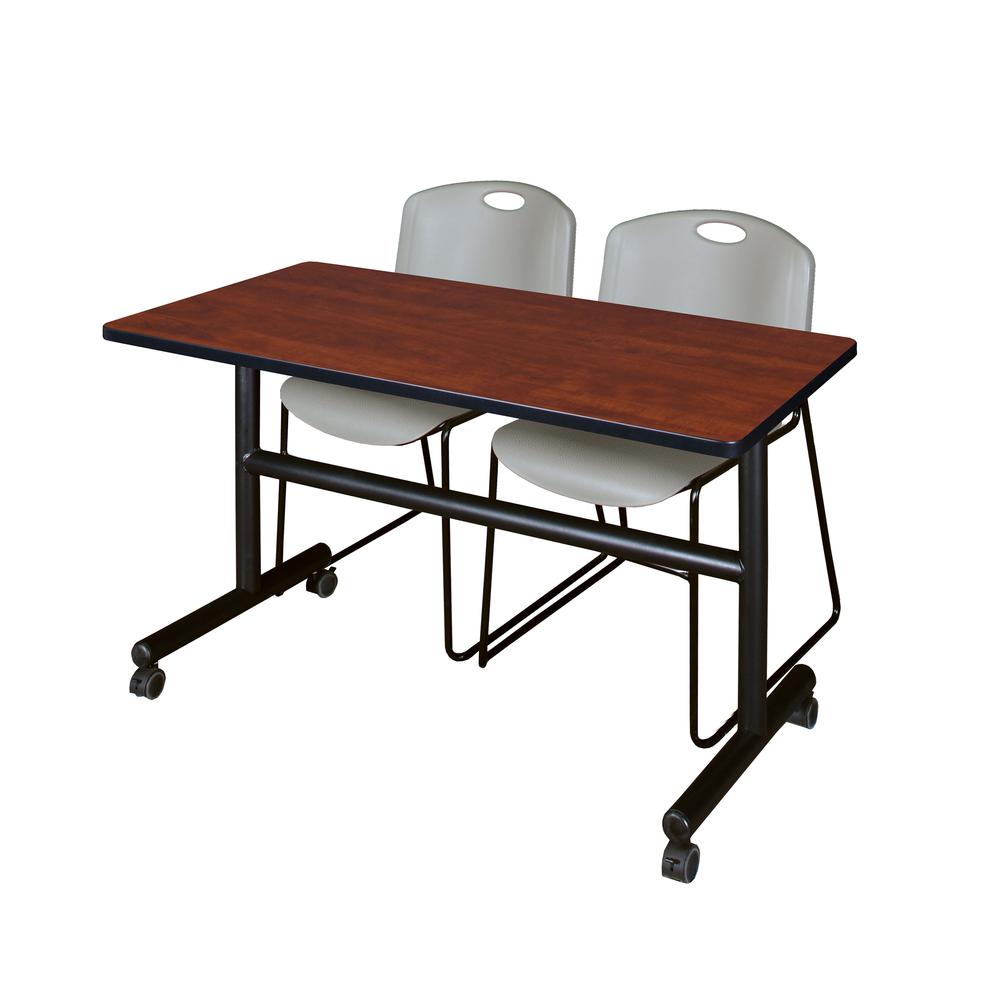 48" x 30" Flip Top Mobile Training Table- Cherry and 2 Zeng Stack Chairs- Grey. Picture 1