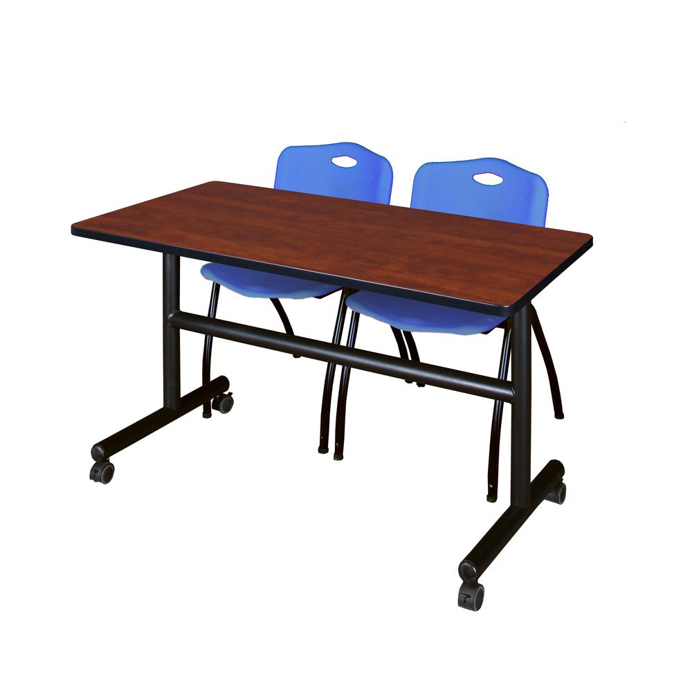 48" x 30" Flip Top Mobile Training Table- Cherry and 2 "M" Stack Chairs- Blue. Picture 1