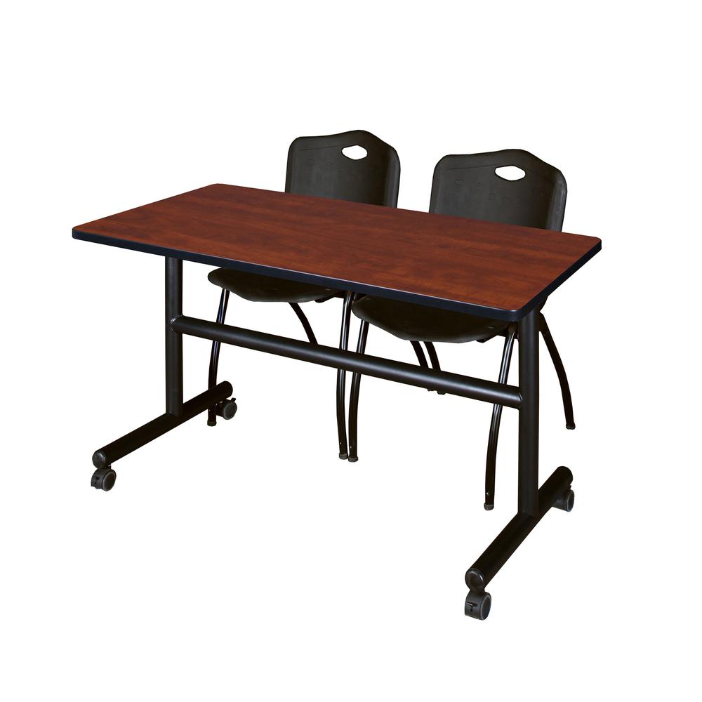 48" x 30" Flip Top Mobile Training Table- Cherry and 2 "M" Stack Chairs- Black. Picture 1