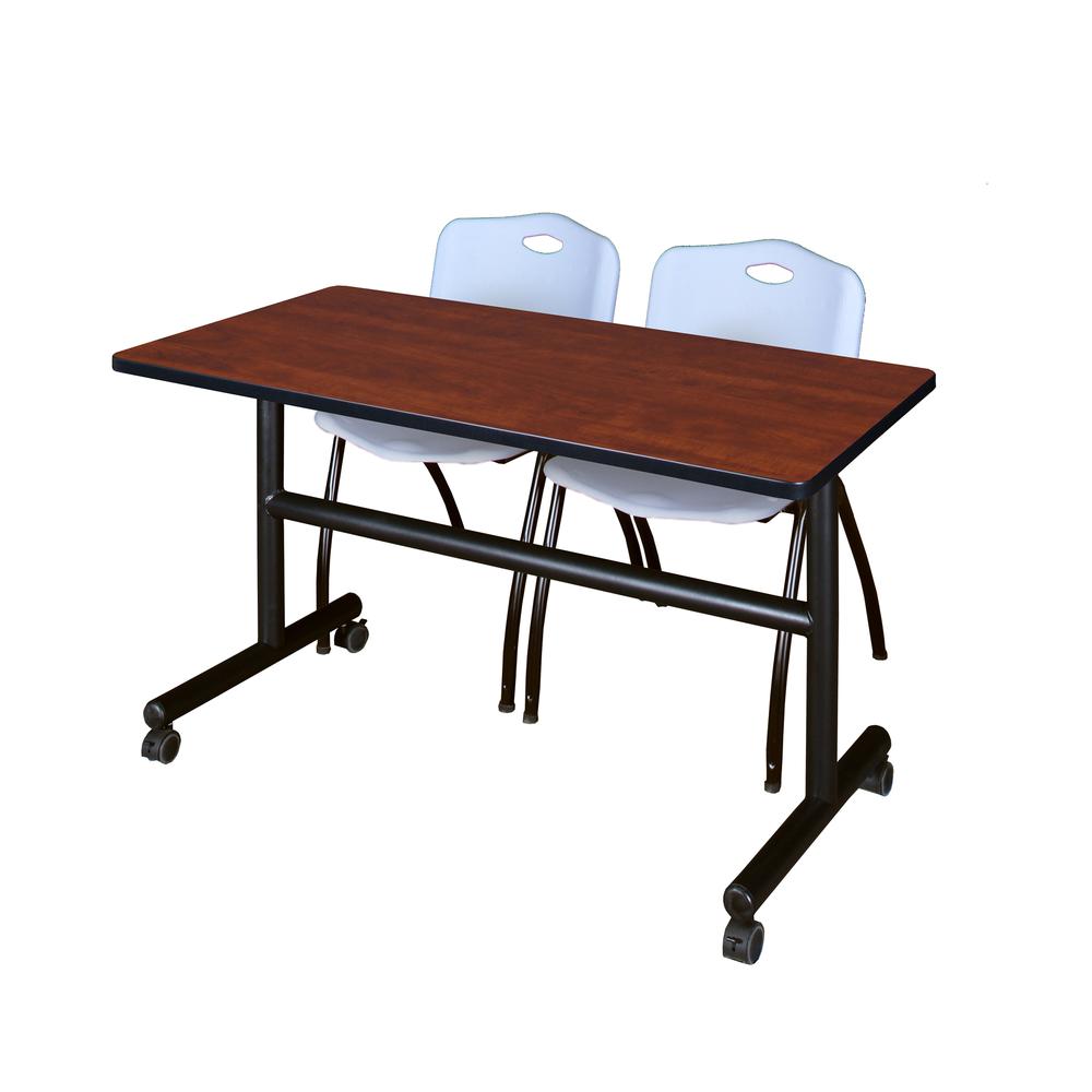 48" x 30" Flip Top Mobile Training Table- Cherry and 2 "M" Stack Chairs- Grey. Picture 1