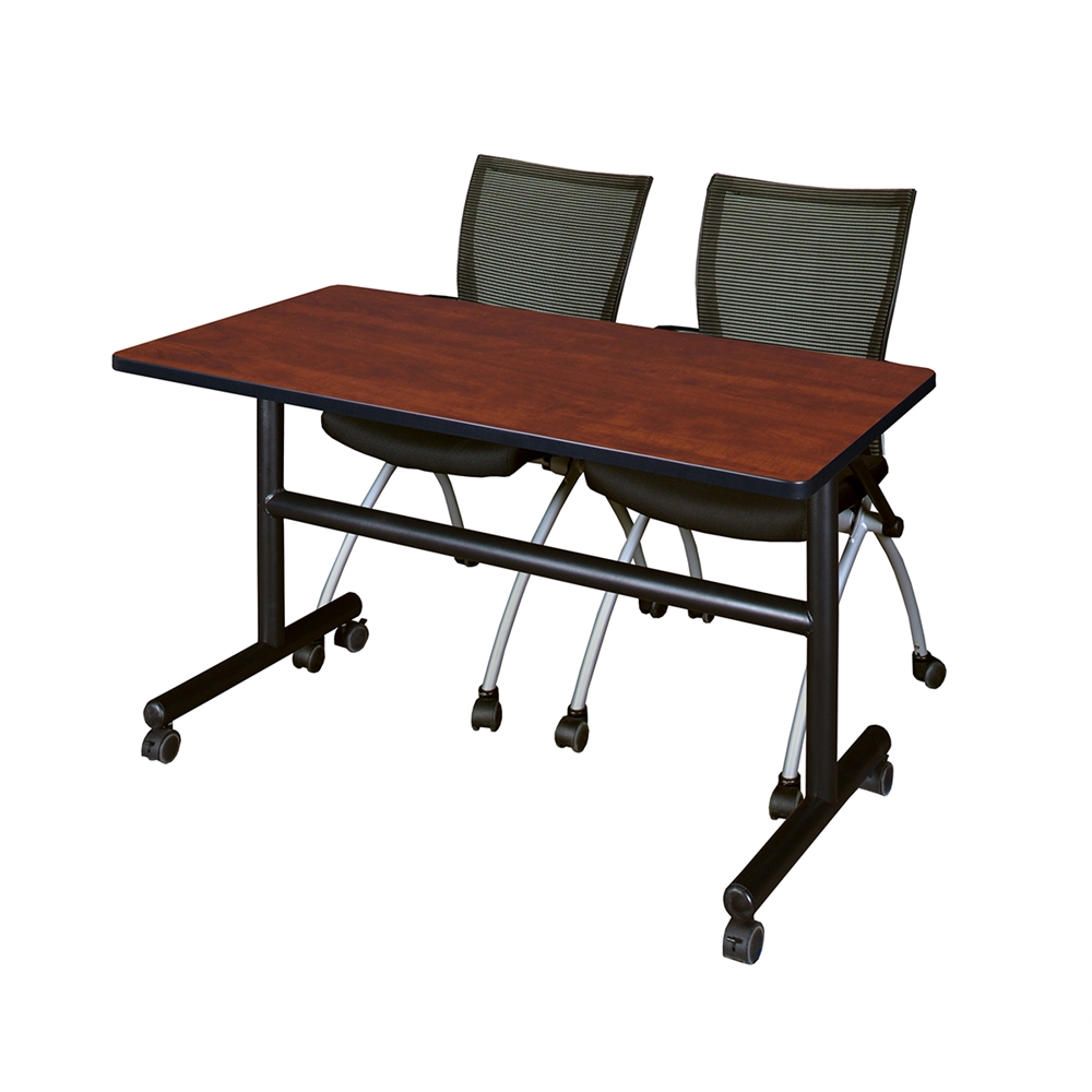 Kobe 48" Flip Top Mobile Training Table- Cherry & 2 Apprentice Chairs- Black. Picture 1