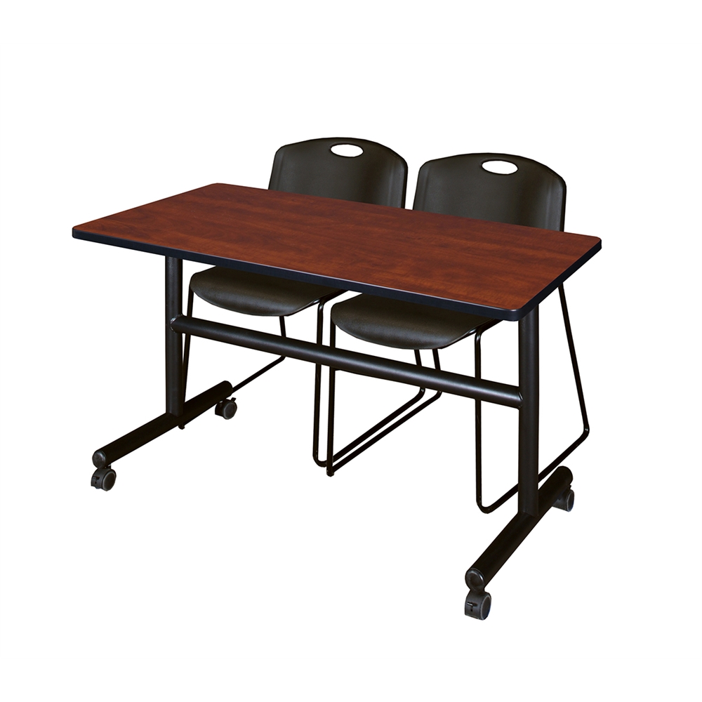 Kobe 48" Flip Top Mobile Training Table- Cherry & 2 Zeng Stack Chairs- Black. Picture 1