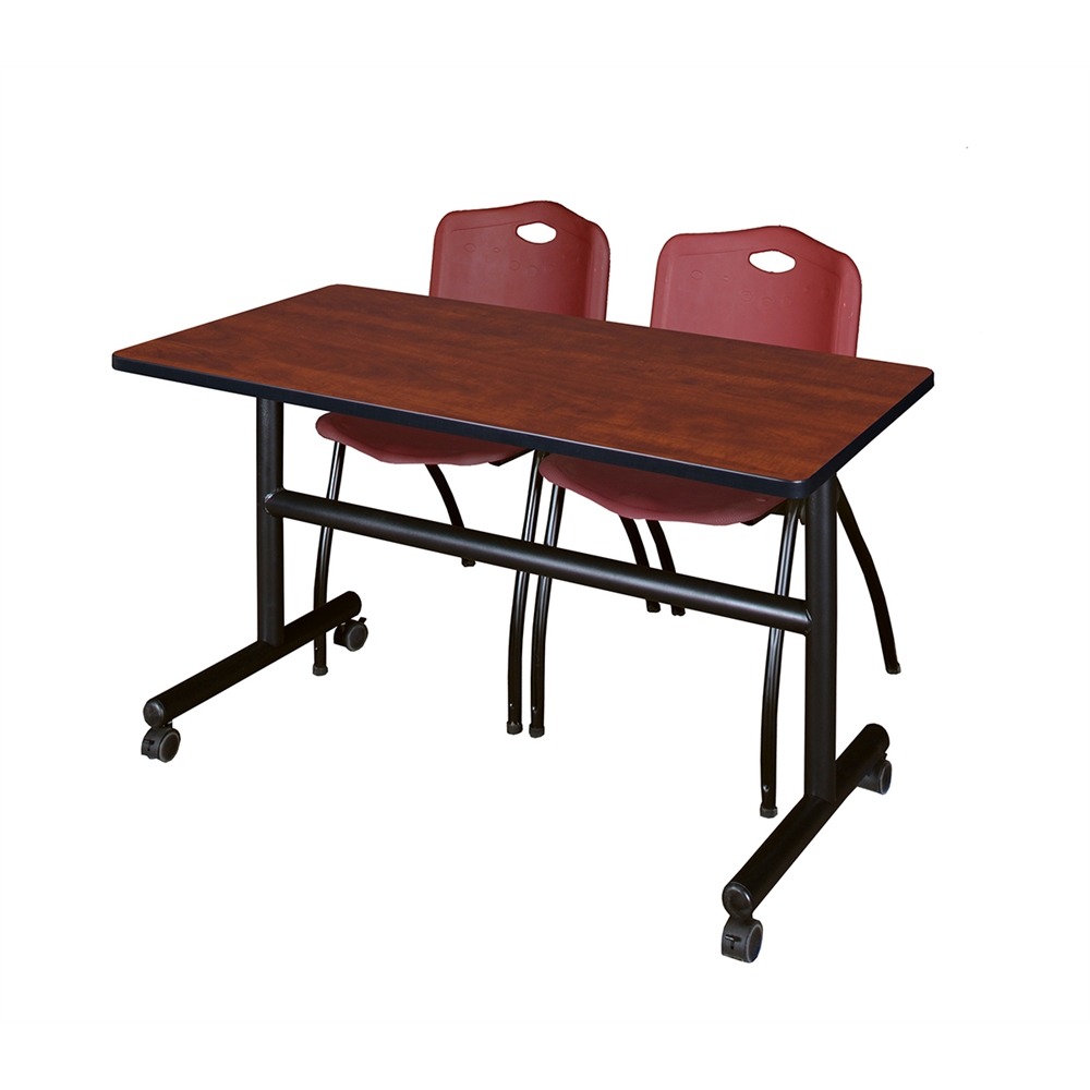 Kobe 48" Flip Top Mobile Training Table- Cherry & 2 'M' Stack Chairs- Burgundy. Picture 1