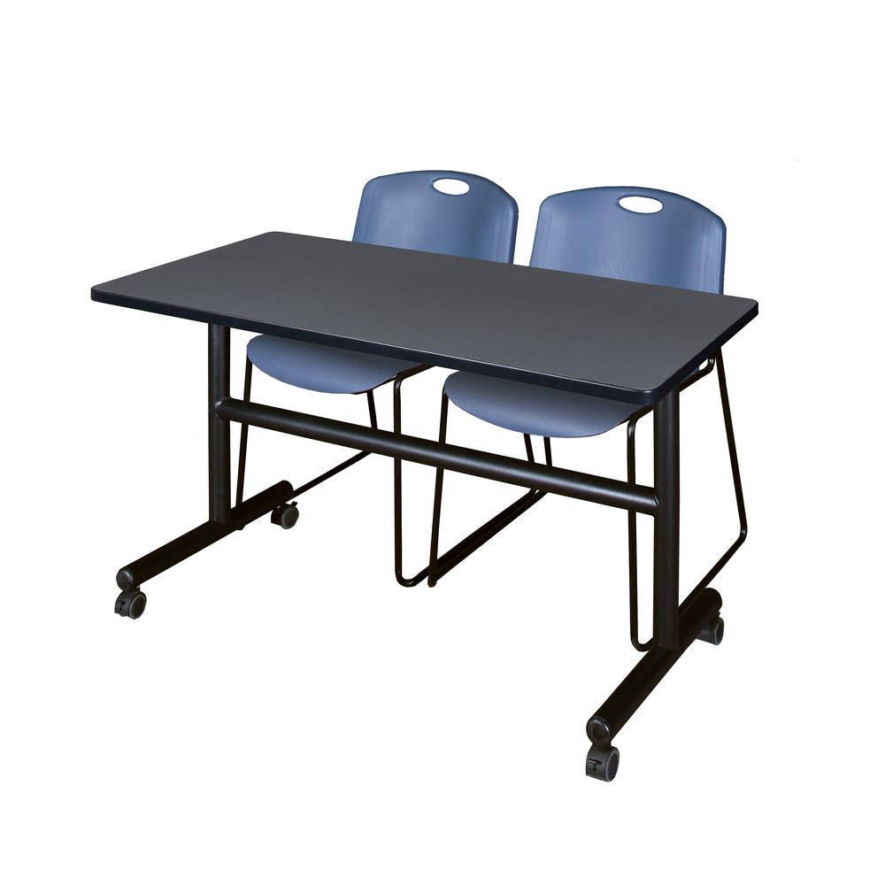 48" x 30" Flip Top Mobile Training Table- Grey and 2 Zeng Stack Chairs- Blue. Picture 1