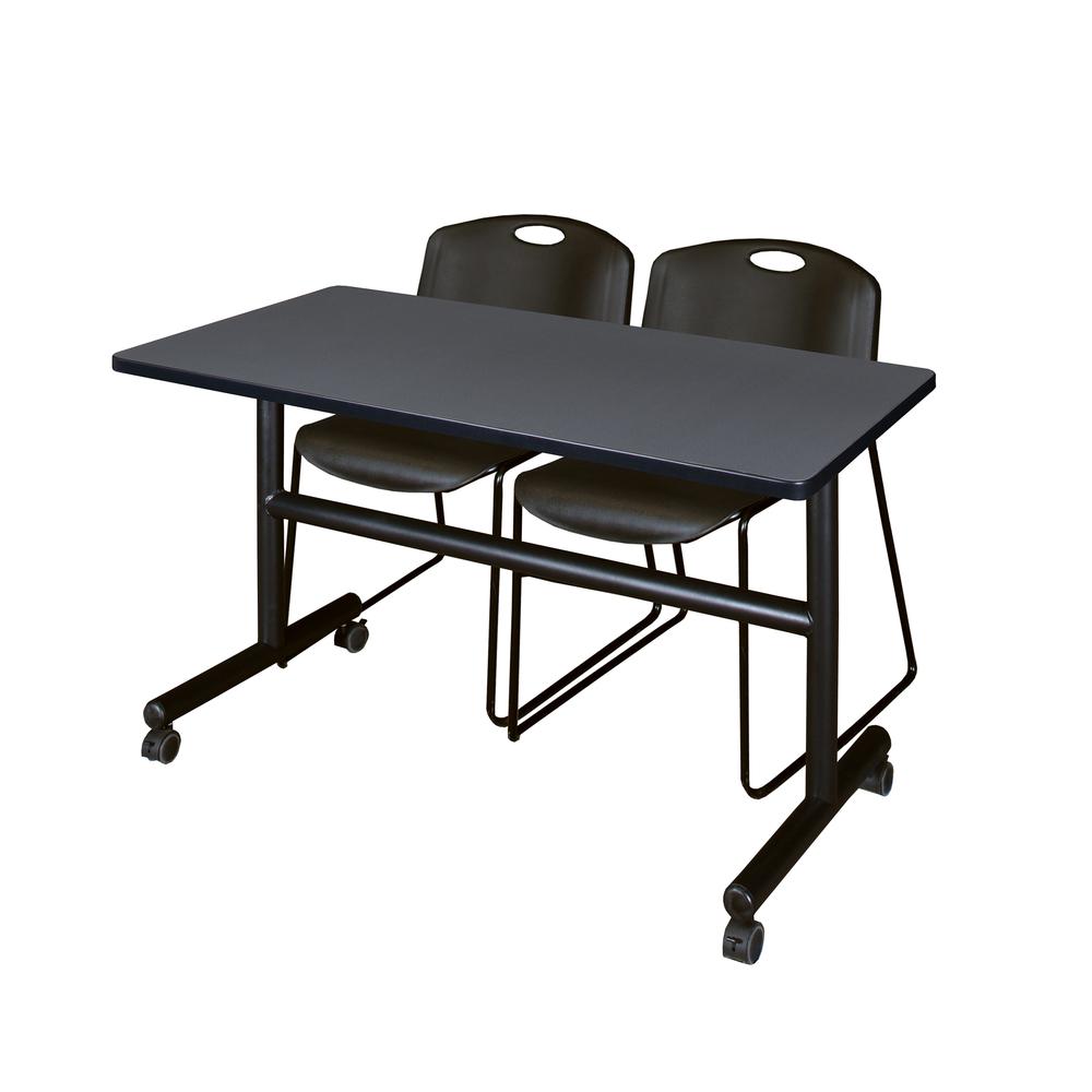 48" x 30" Flip Top Mobile Training Table- Grey and 2 Zeng Stack Chairs- Black. Picture 1