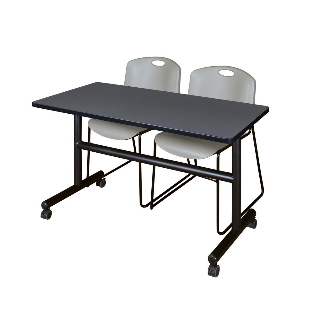 48" x 30" Flip Top Mobile Training Table- Grey and 2 Zeng Stack Chairs- Grey. Picture 1
