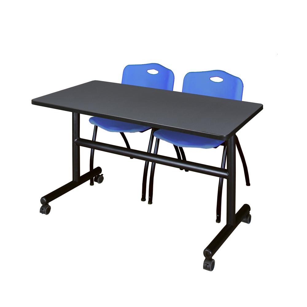 48" x 30" Flip Top Mobile Training Table- Grey and 2 "M" Stack Chairs- Blue. Picture 1