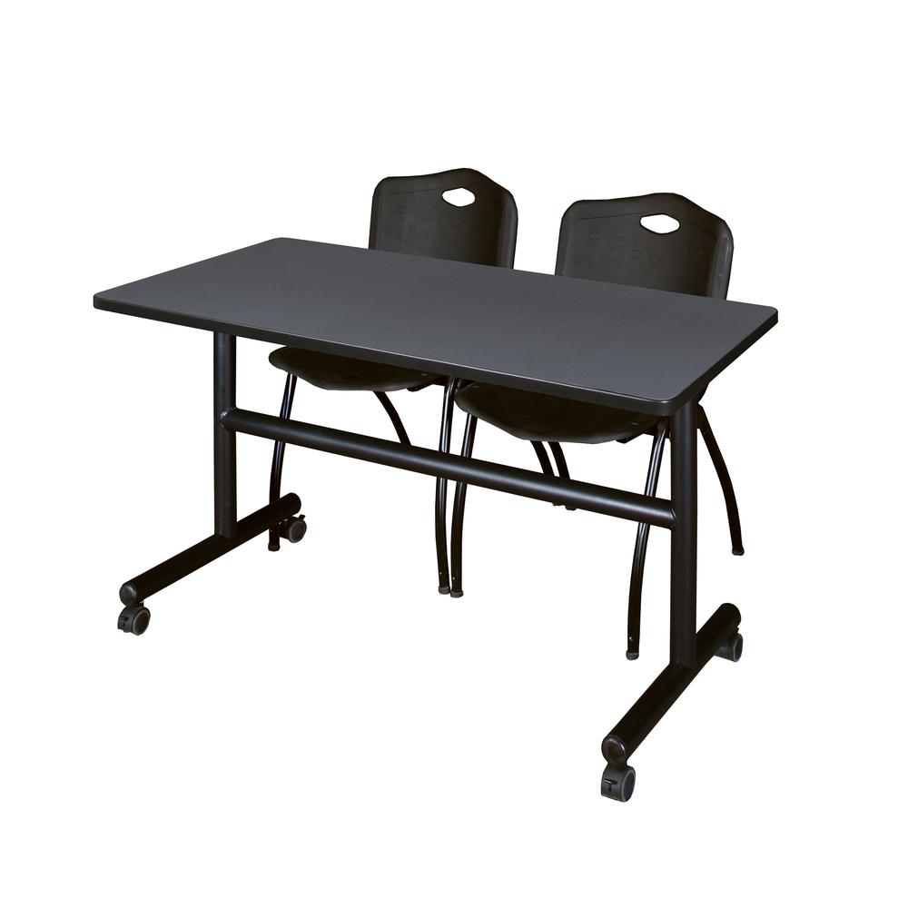 48" x 30" Flip Top Mobile Training Table- Grey and 2 "M" Stack Chairs- Black. Picture 1