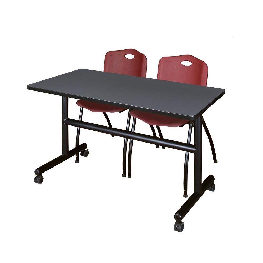 48" x 30" Flip Top Mobile Training Table- Grey and 2 "M" Stack Chairs- Burgundy. Picture 1