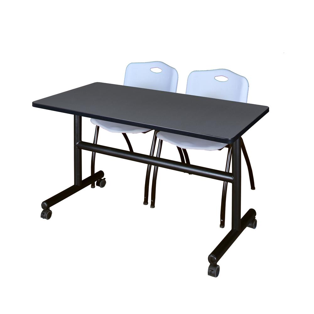 48" x 30" Flip Top Mobile Training Table- Grey and 2 "M" Stack Chairs- Grey. Picture 1