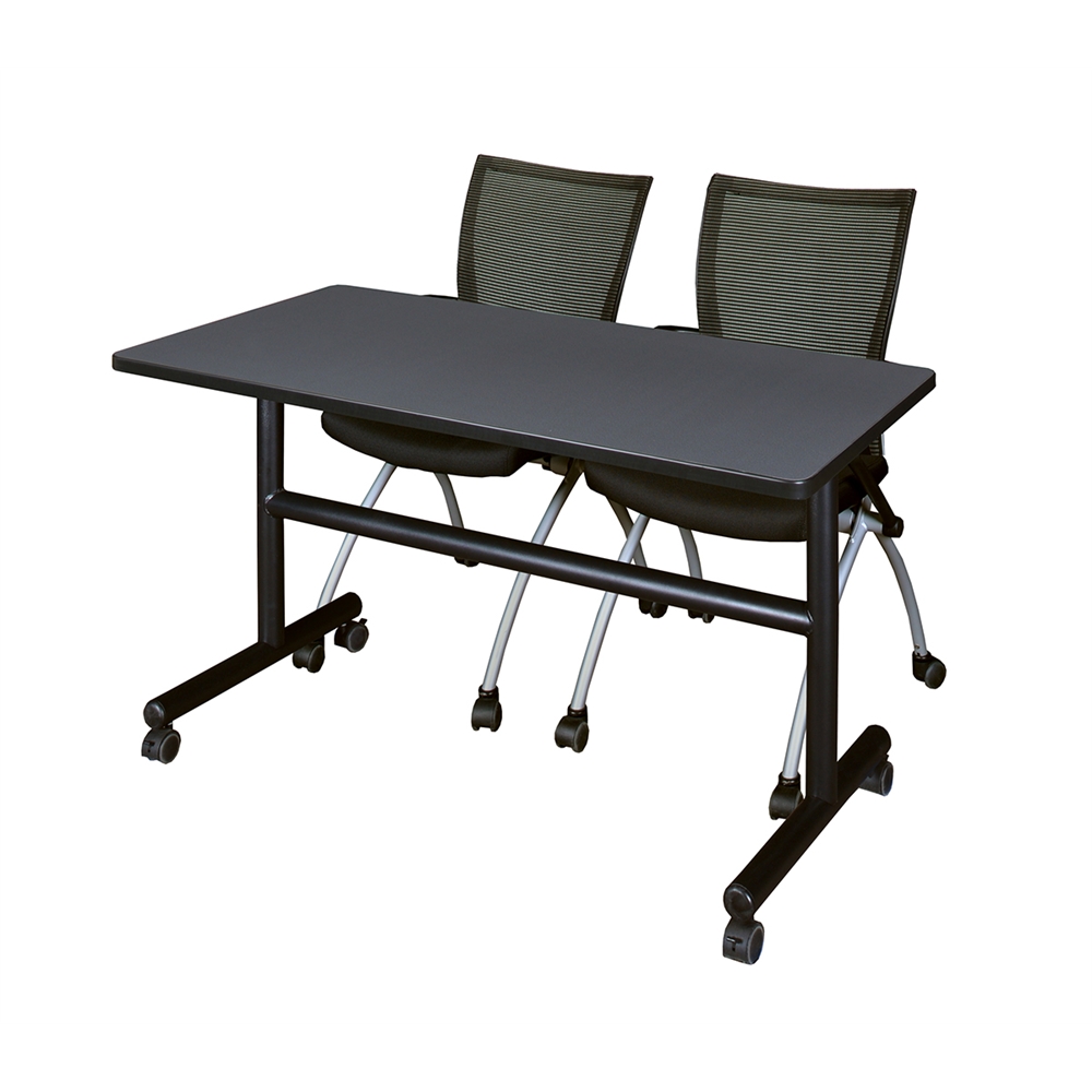 Kobe 48" Flip Top Mobile Training Table- Grey & 2 Apprentice Chairs- Black. Picture 1