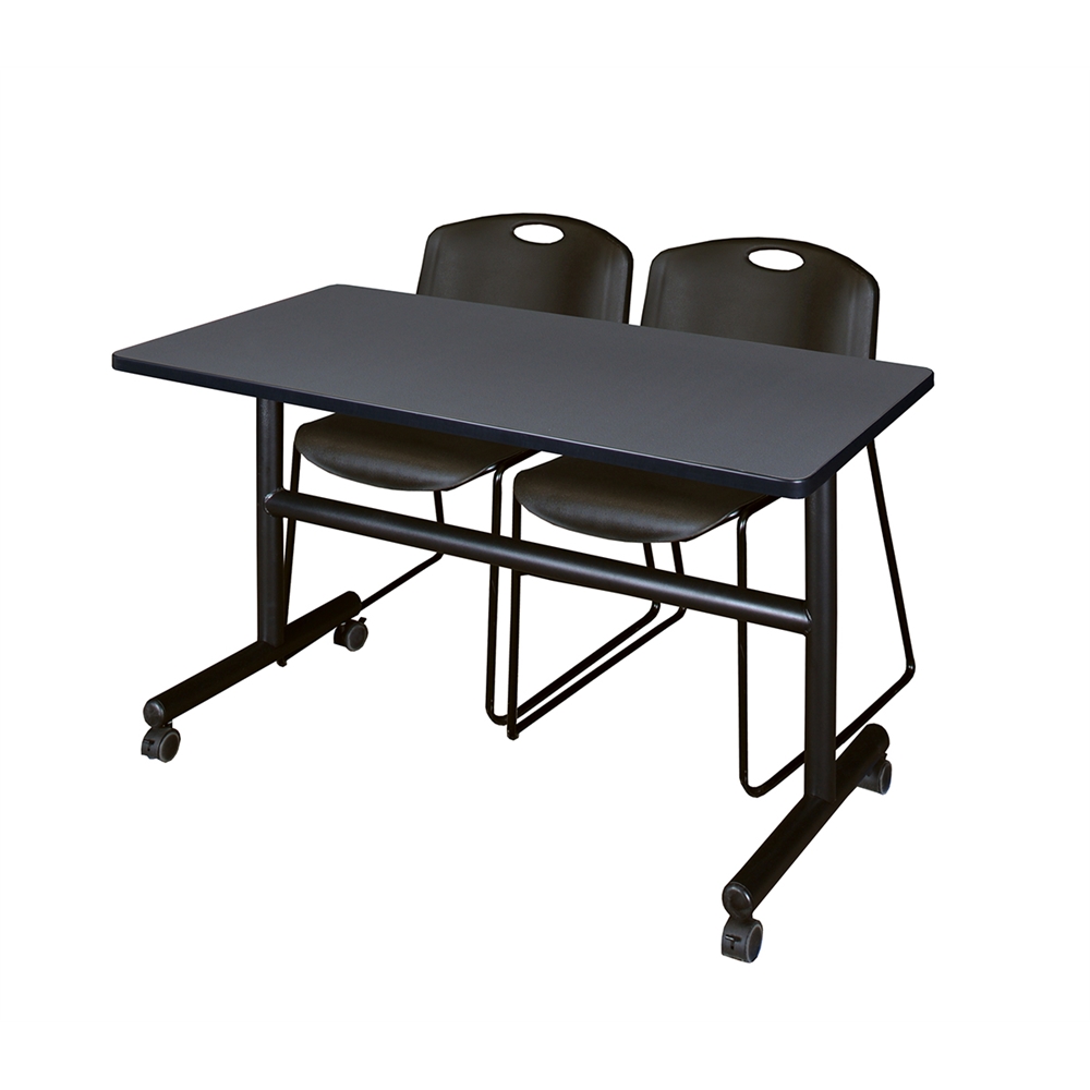 Kobe 48" Flip Top Mobile Training Table- Grey & 2 Zeng Stack Chairs- Black. Picture 1