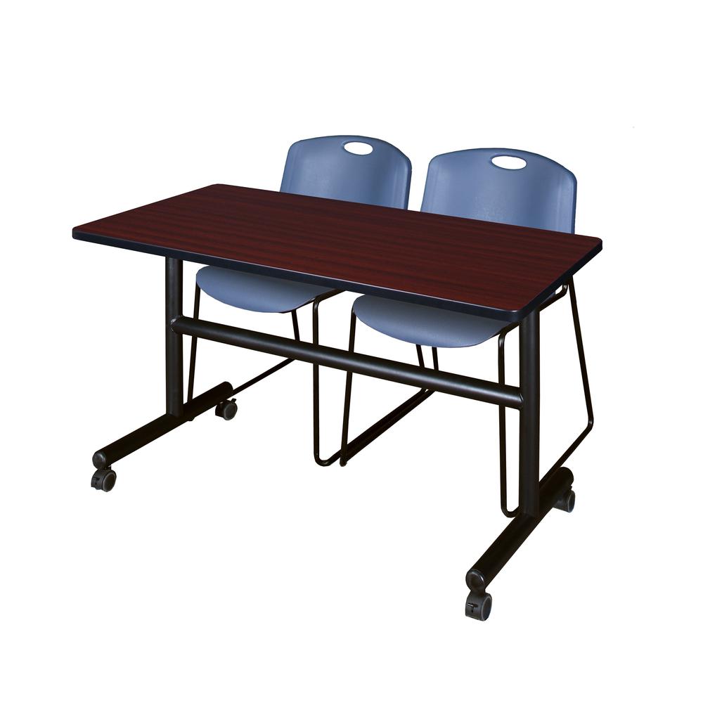 48" x 30" Flip Top Mobile Training Table- Mahogany and 2 Zeng Stack Chairs- Blue. Picture 1