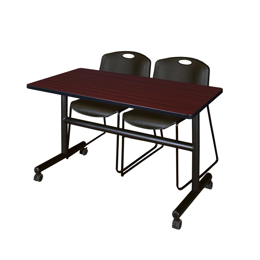 48" x 30" Flip Top Mobile Training Table- Mahogany and 2 Zeng Stack Chairs- Black. Picture 1