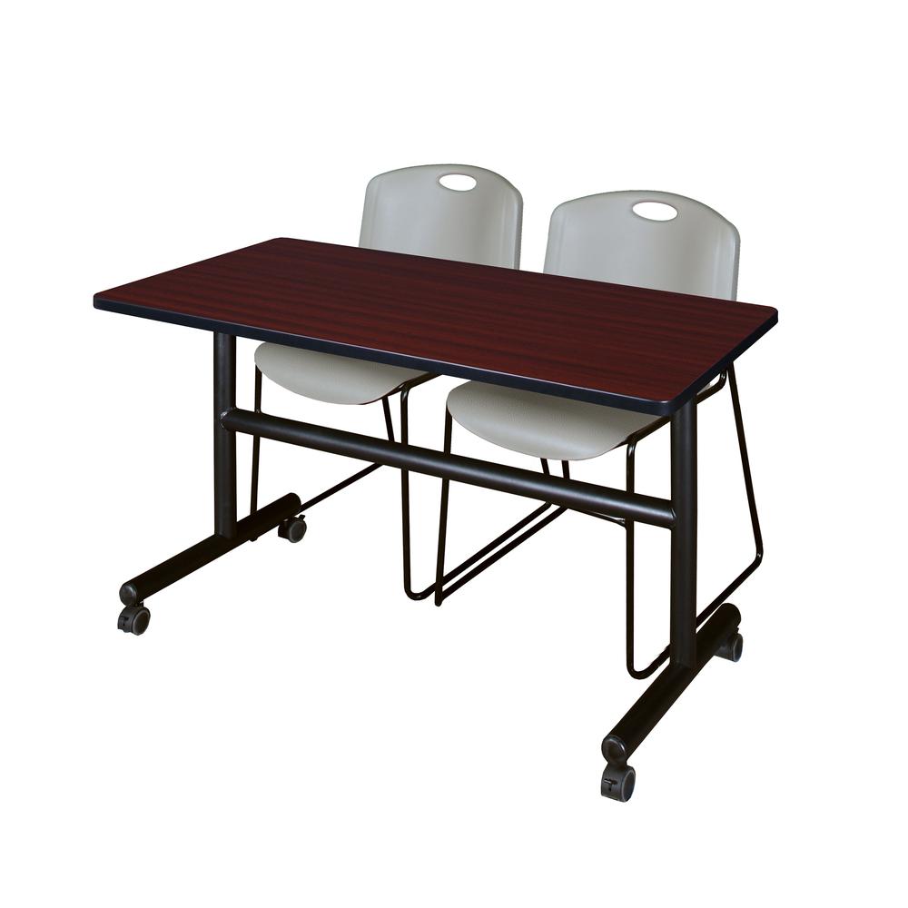 48" x 30" Flip Top Mobile Training Table- Mahogany and 2 Zeng Stack Chairs- Grey. Picture 1