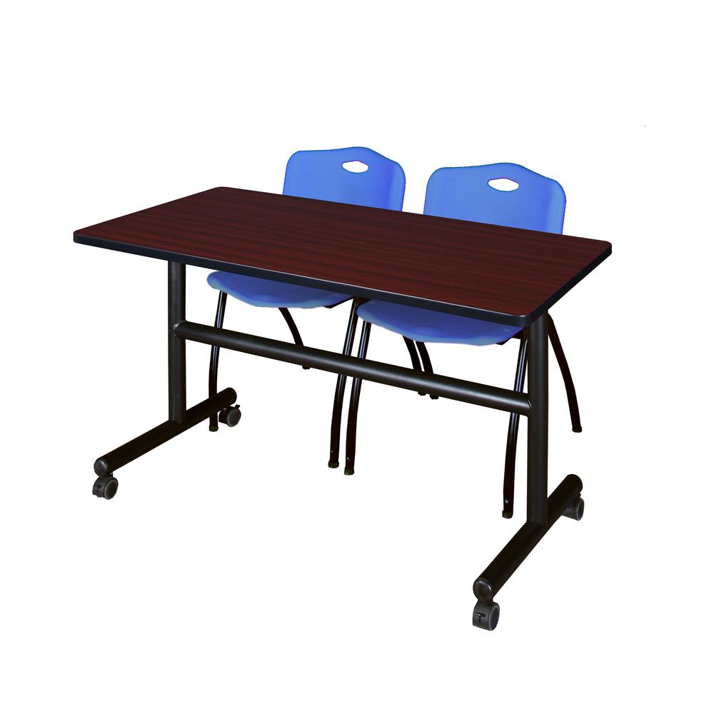 48" x 30" Flip Top Mobile Training Table- Mahogany and 2 "M" Stack Chairs- Blue. Picture 1