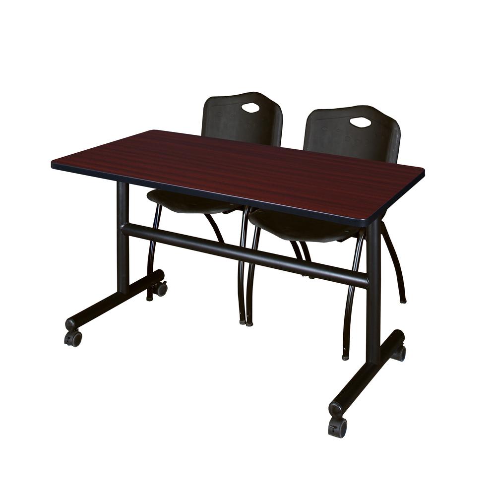 48" x 30" Flip Top Mobile Training Table- Mahogany and 2 "M" Stack Chairs- Black. Picture 1