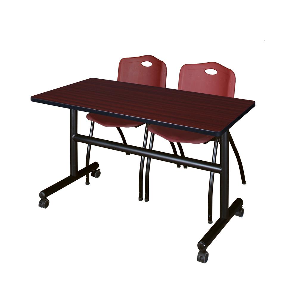 48" x 30" Flip Top Mobile Training Table- Mahogany and 2 "M" Stack Chairs- Burgundy. Picture 1