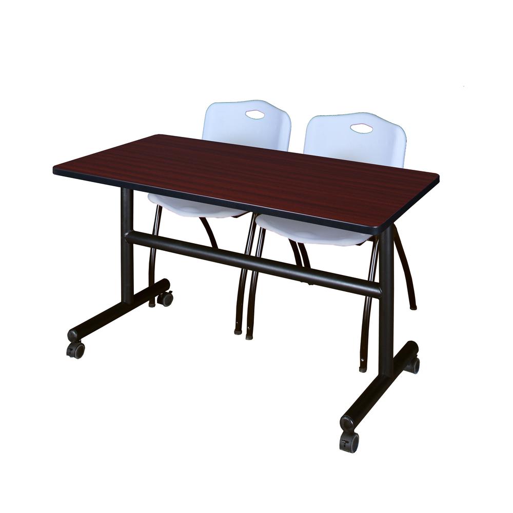 48" x 30" Flip Top Mobile Training Table- Mahogany and 2 "M" Stack Chairs- Grey. Picture 1