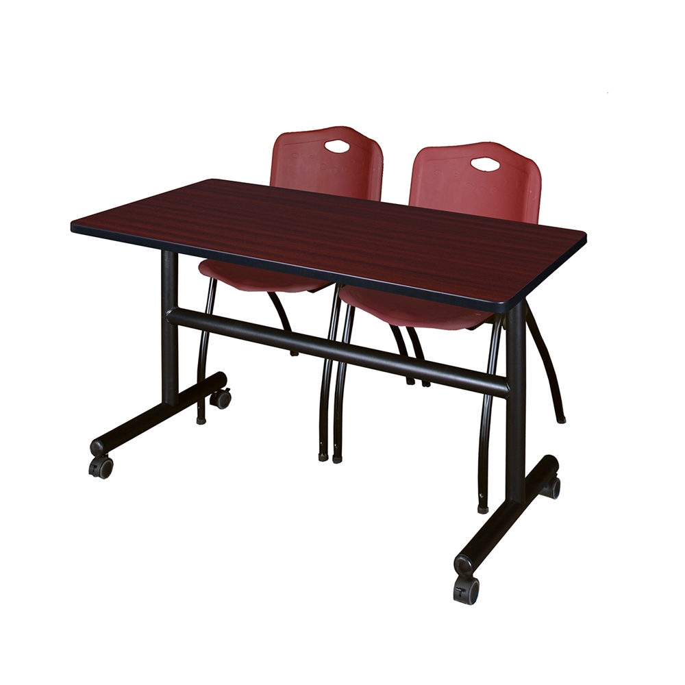 Kobe 48" Flip Top Mobile Training Table- Mahogany & 2 'M' Stack Chairs- Burgundy. Picture 1