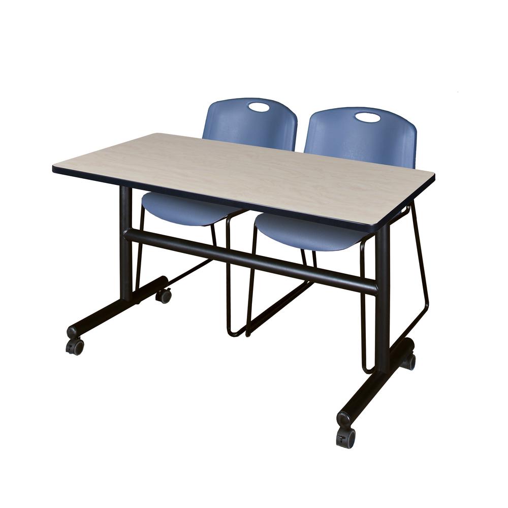 48" x 30" Flip Top Mobile Training Table- Maple and 2 Zeng Stack Chairs- Blue. Picture 1