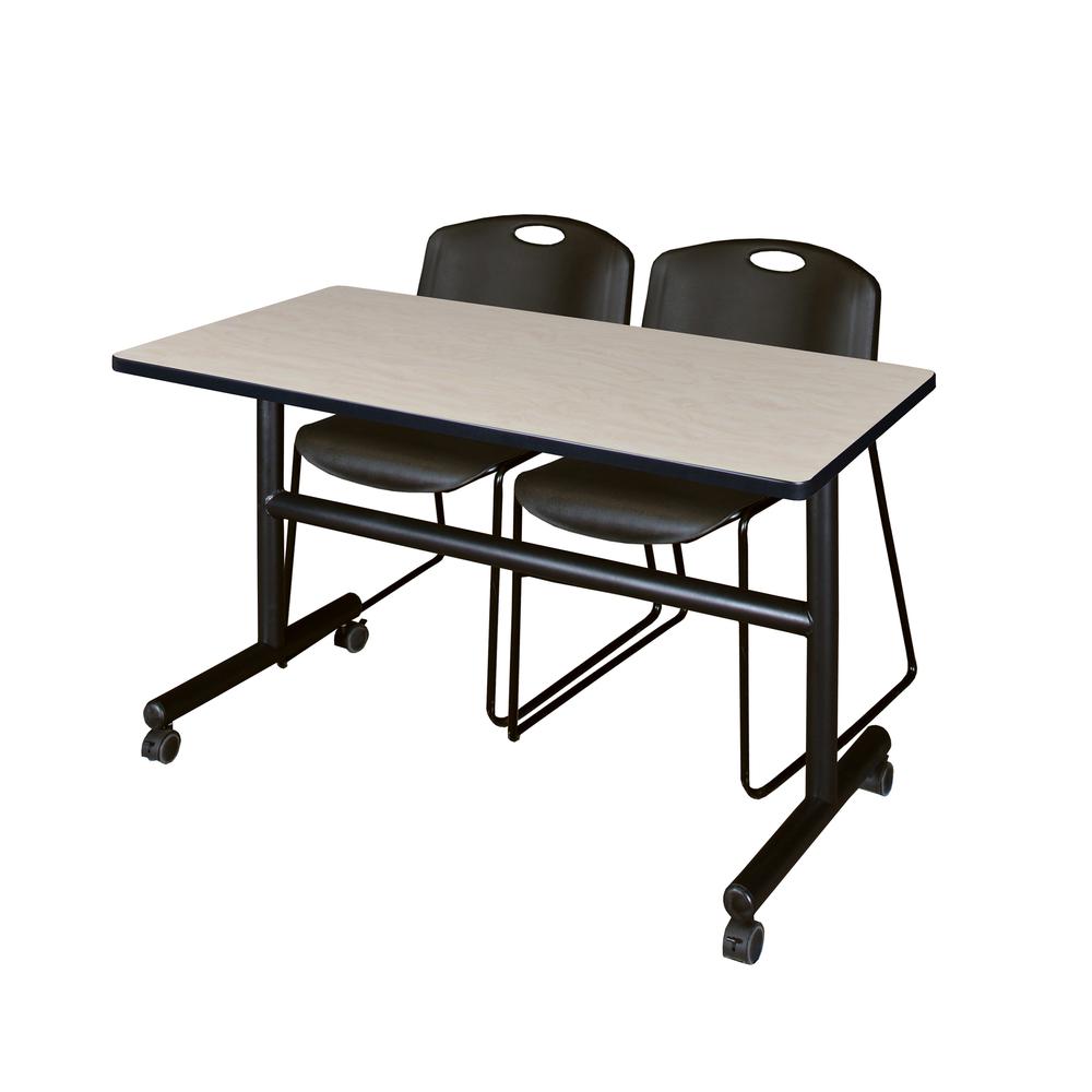 48" x 30" Flip Top Mobile Training Table- Maple and 2 Zeng Stack Chairs- Black. Picture 1