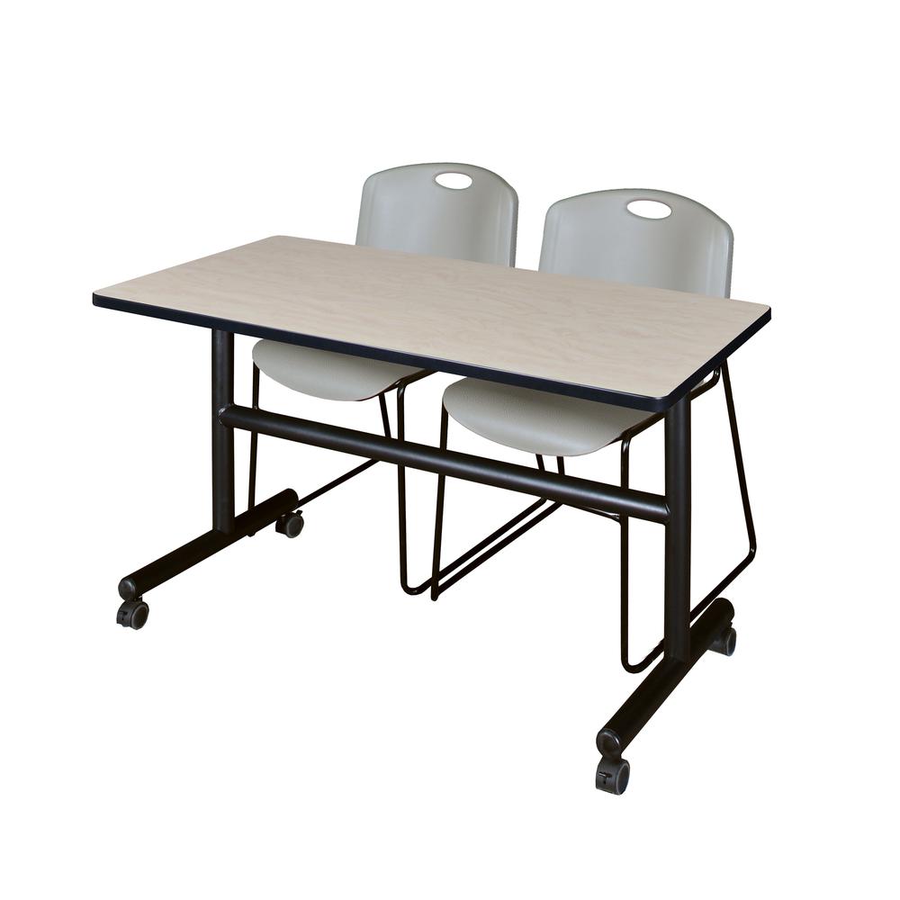 48" x 30" Flip Top Mobile Training Table- Maple and 2 Zeng Stack Chairs- Grey. Picture 1