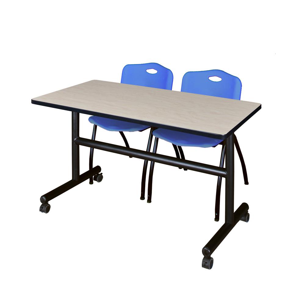 48" x 30" Flip Top Mobile Training Table- Maple and 2 "M" Stack Chairs- Blue. Picture 1