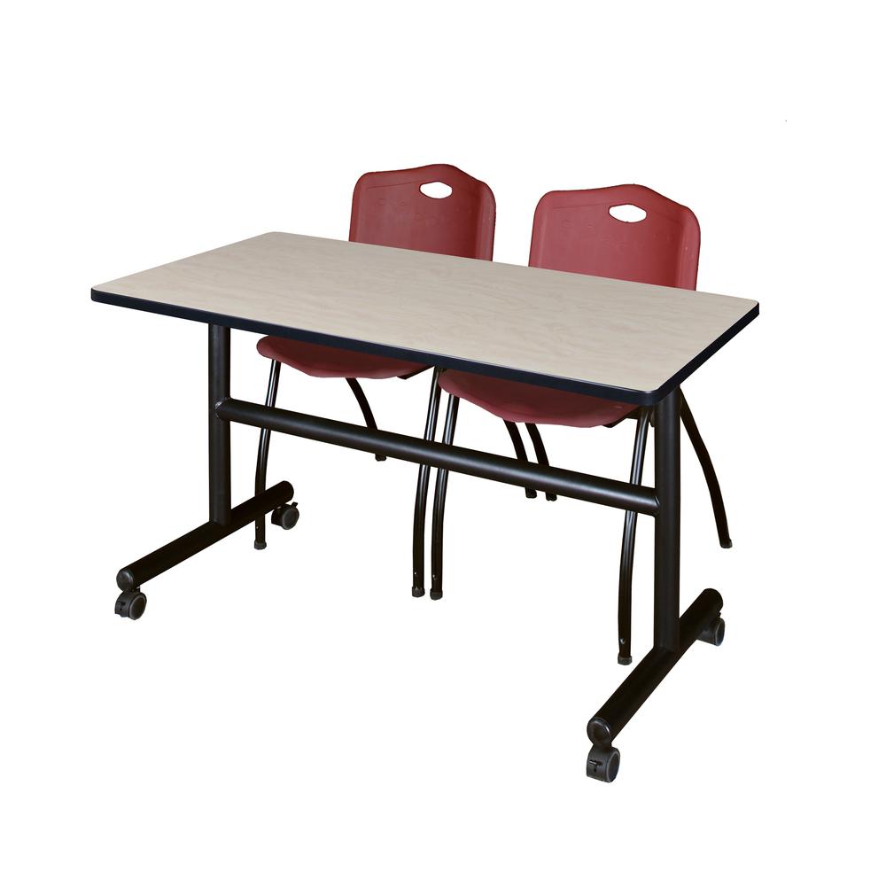 48" x 30" Flip Top Mobile Training Table- Maple and 2 "M" Stack Chairs- Burgundy. Picture 1