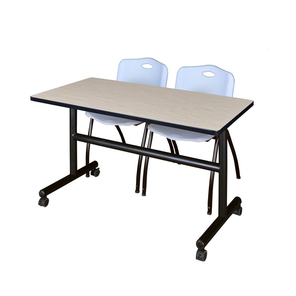 48" x 30" Flip Top Mobile Training Table- Maple and 2 "M" Stack Chairs- Grey. Picture 1