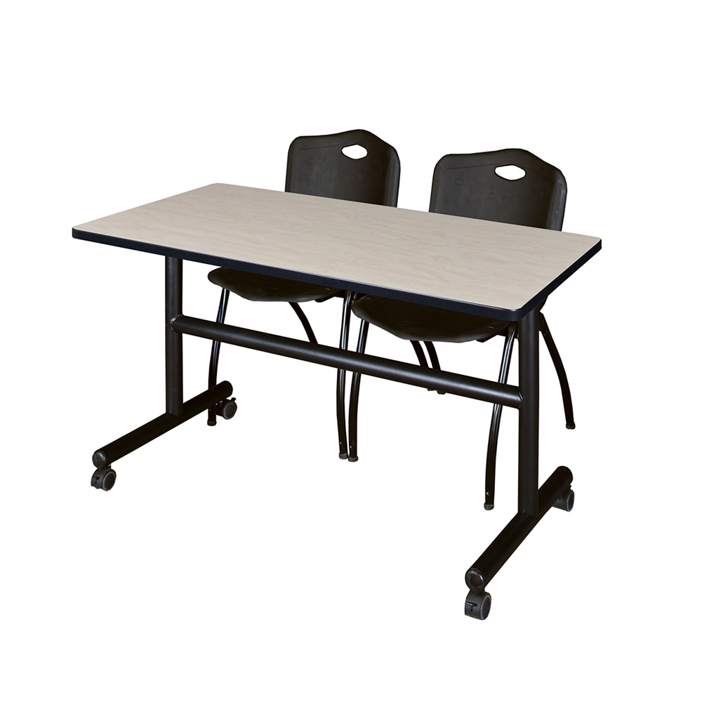 Kobe 48" Flip Top Mobile Training Table- Maple & 2 'M' Stack Chairs- Black. Picture 1