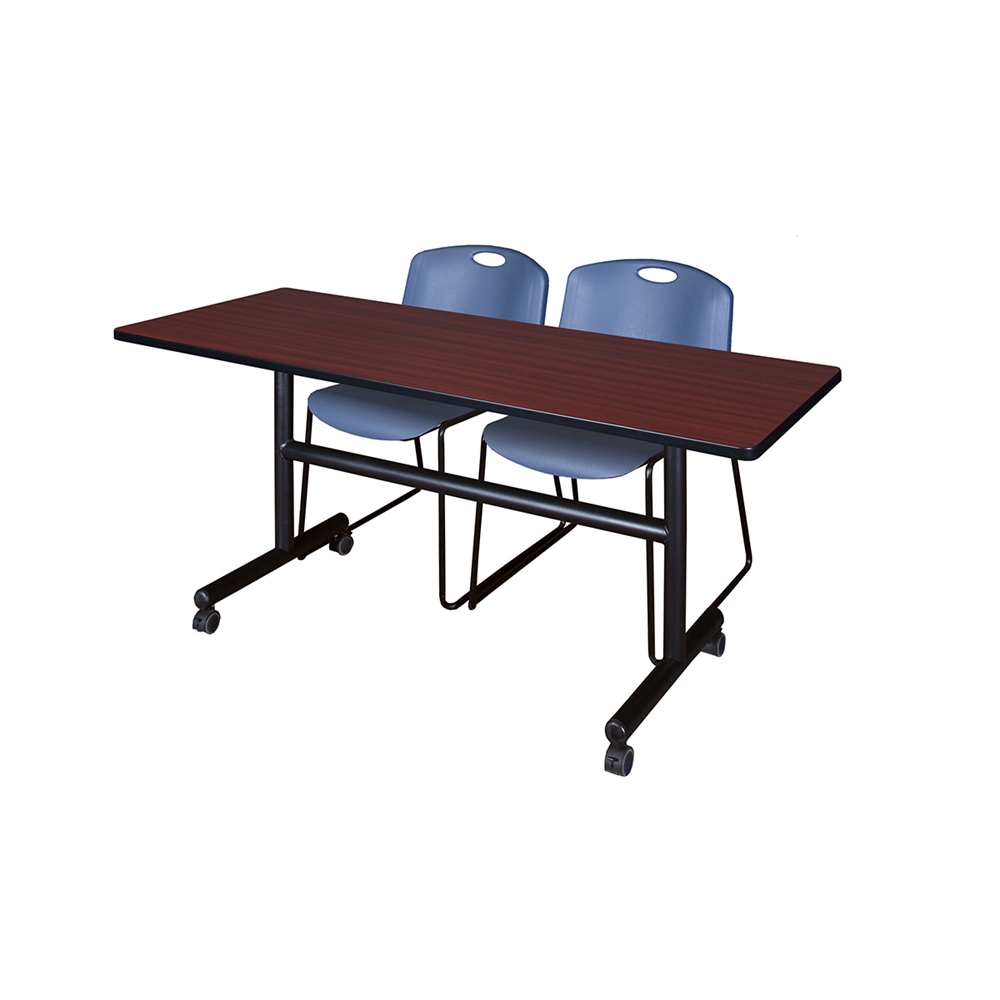 Kobe 60" Flip Top Mobile Training Table- Mahogany & 2 Zeng Stack Chairs- Blue. Picture 1