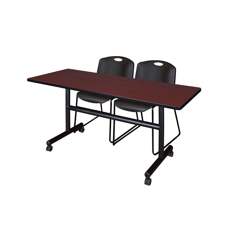 Kobe 60" Flip Top Mobile Training Table- Mahogany & 2 Zeng Stack Chairs- Black. Picture 1