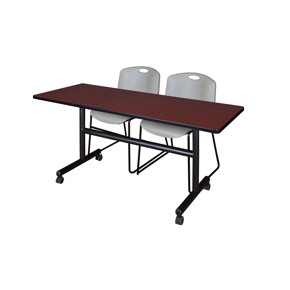 Kobe 60" Flip Top Mobile Training Table- Mahogany & 2 Zeng Stack Chairs- Grey. Picture 1