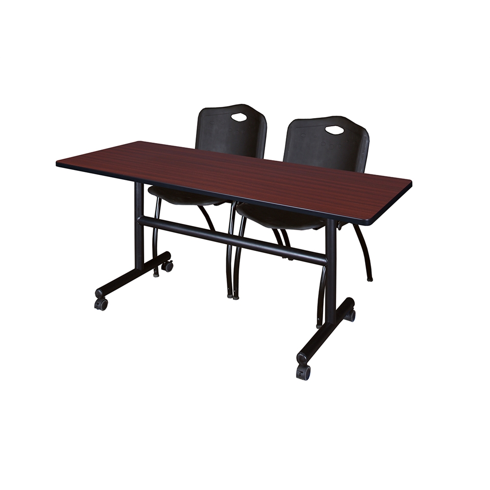 Kobe 60" Flip Top Mobile Training Table- Mahogany & 2 'M' Stack Chairs- Black. Picture 1