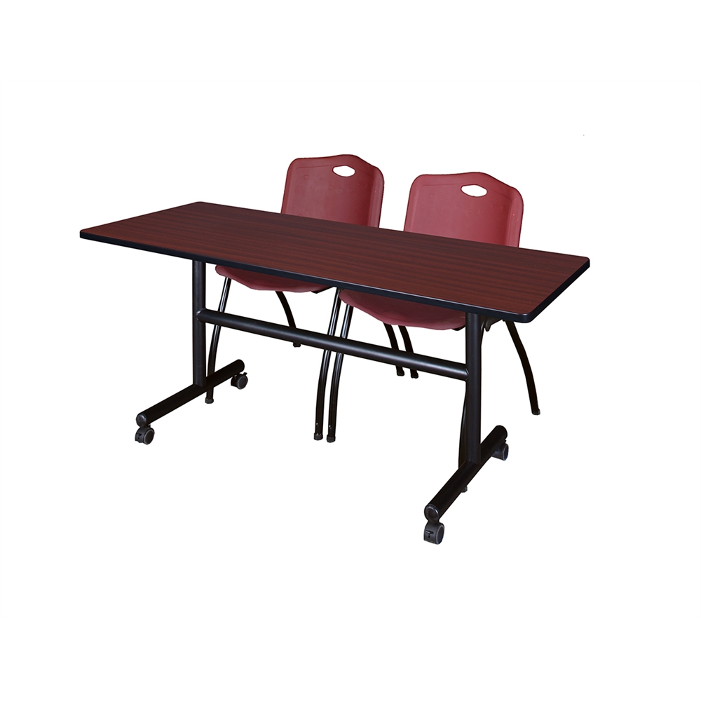 Kobe 60" Flip Top Mobile Training Table- Mahogany & 2 'M' Stack Chairs- Burgundy. Picture 1