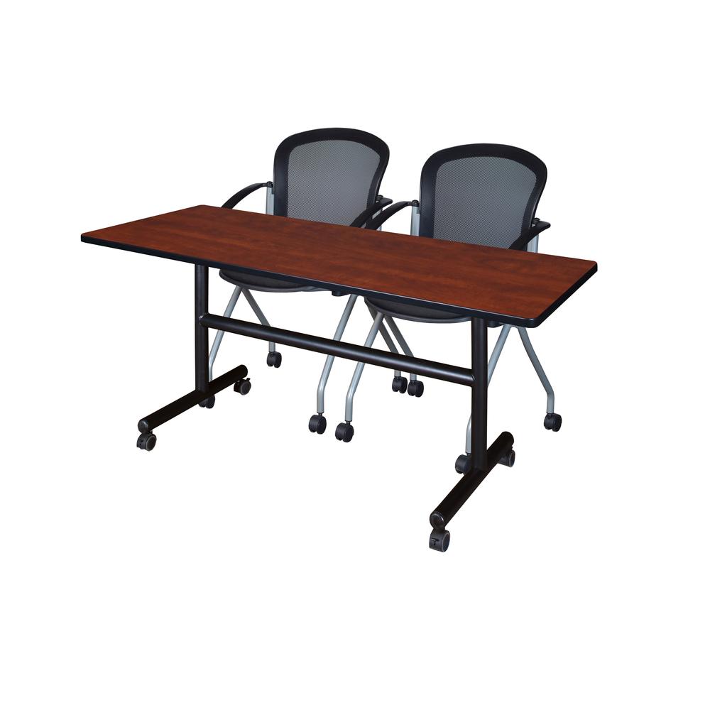 60" x 30" Flip Top Mobile Training Table- Cherry and 2 Cadence Nesting Chairs. Picture 1