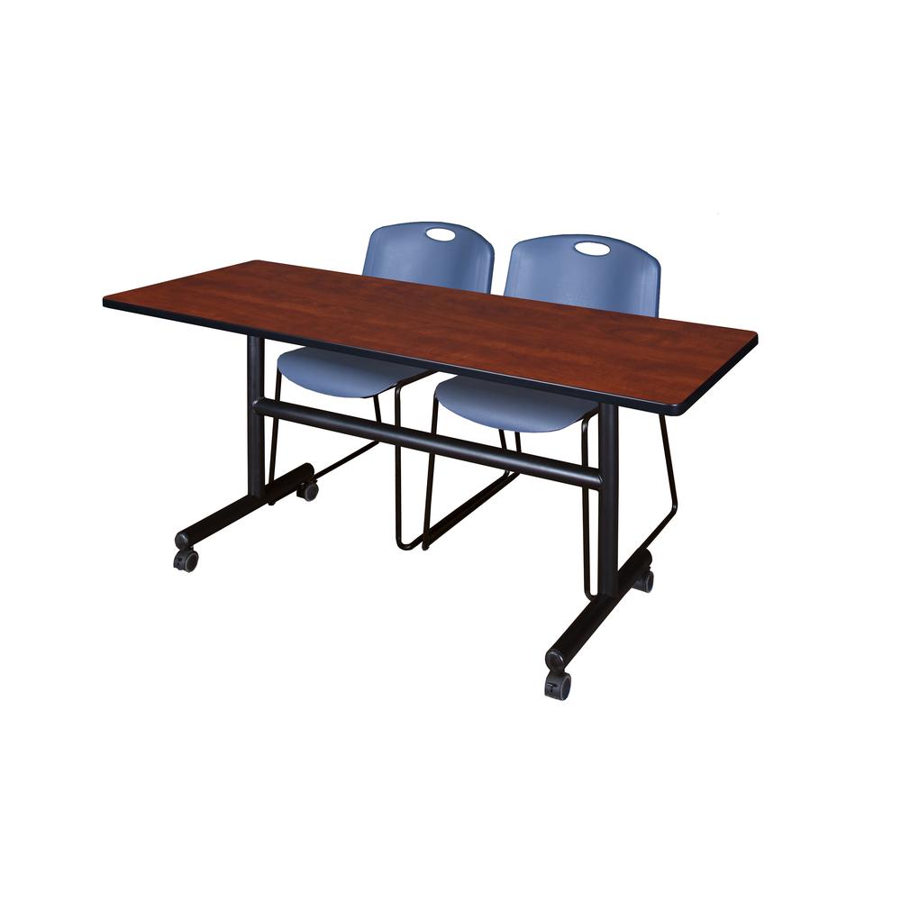 60" x 30" Flip Top Mobile Training Table- Cherry and 2 Zeng Stack Chairs- Blue. Picture 1