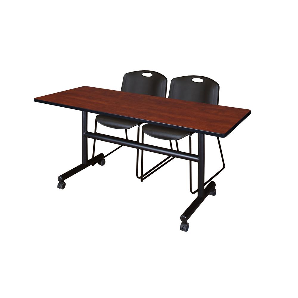 60" x 30" Flip Top Mobile Training Table- Cherry and 2 Zeng Stack Chairs- Black. Picture 1