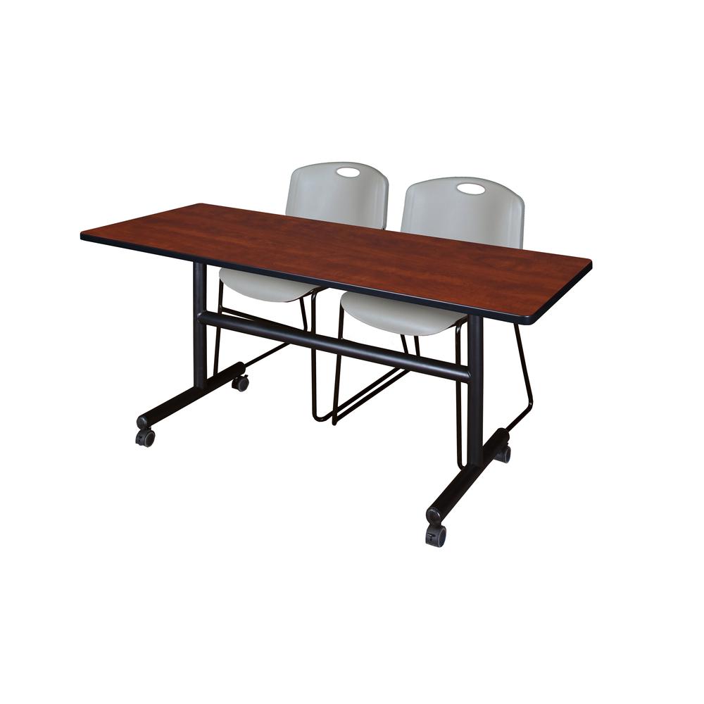 60" x 30" Flip Top Mobile Training Table- Cherry and 2 Zeng Stack Chairs- Grey. Picture 1