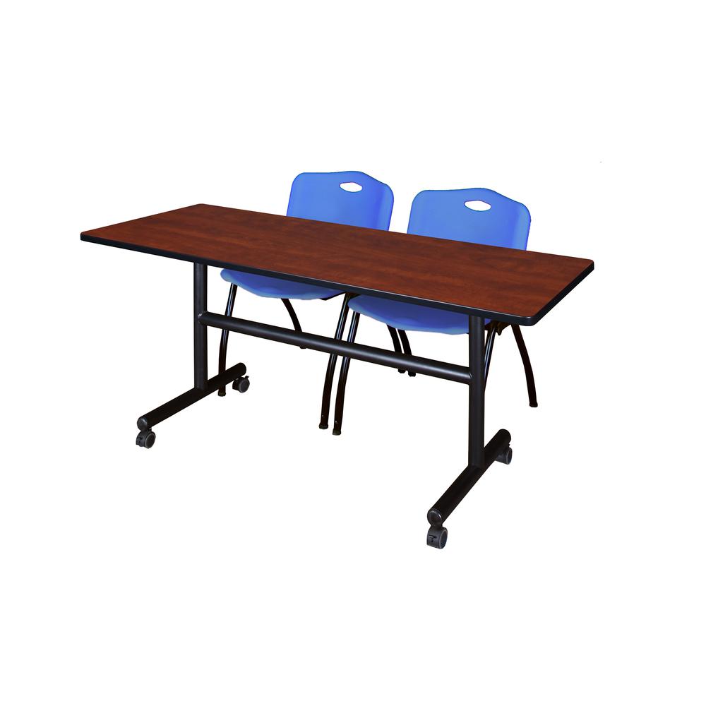 60" x 30" Flip Top Mobile Training Table- Cherry and 2 "M" Stack Chairs- Blue. Picture 1