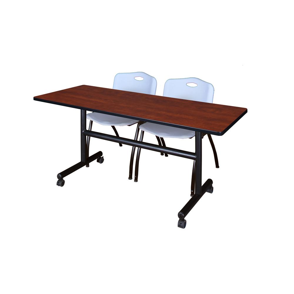 60" x 30" Flip Top Mobile Training Table- Cherry and 2 "M" Stack Chairs- Grey. Picture 1