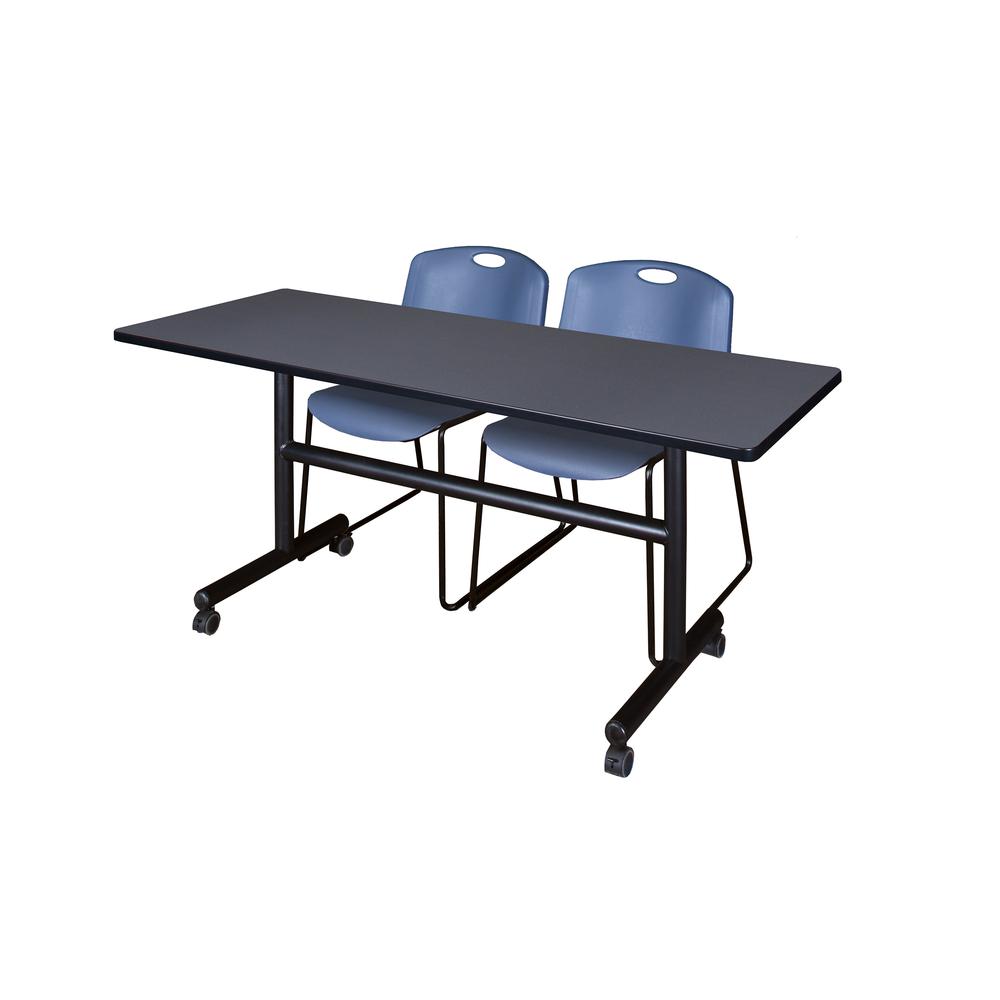 60" x 30" Flip Top Mobile Training Table- Grey and 2 Zeng Stack Chairs- Blue. Picture 1