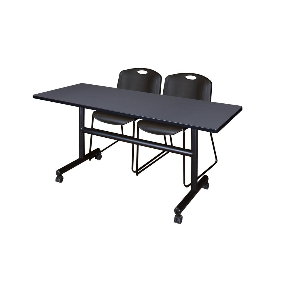 60" x 30" Flip Top Mobile Training Table- Grey and 2 Zeng Stack Chairs- Black. Picture 1