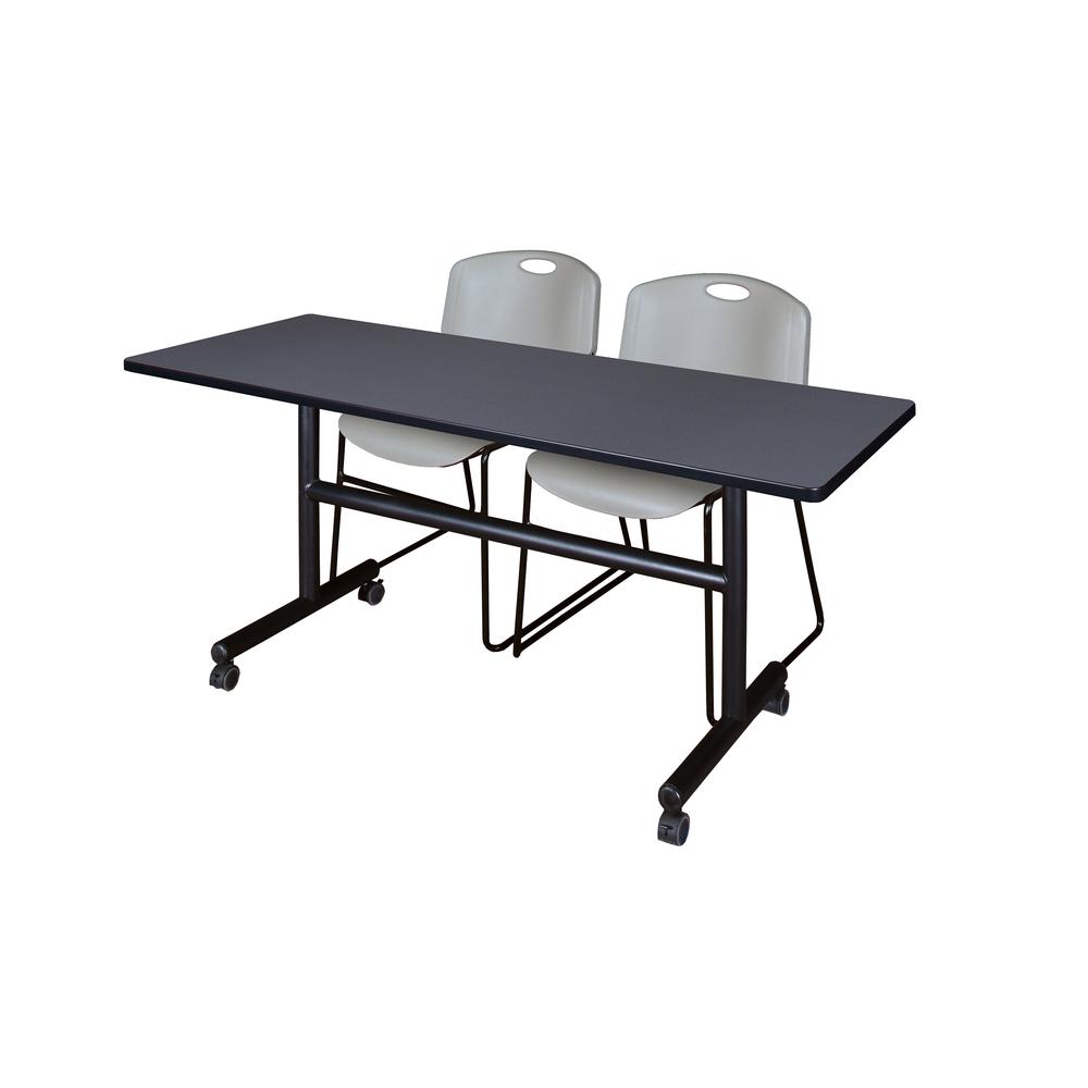 60" x 30" Flip Top Mobile Training Table- Grey and 2 Zeng Stack Chairs- Grey. Picture 1