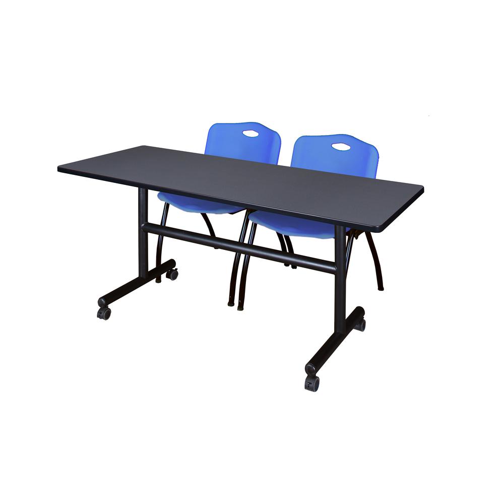 60" x 30" Flip Top Mobile Training Table- Grey and 2 "M" Stack Chairs- Blue. Picture 1