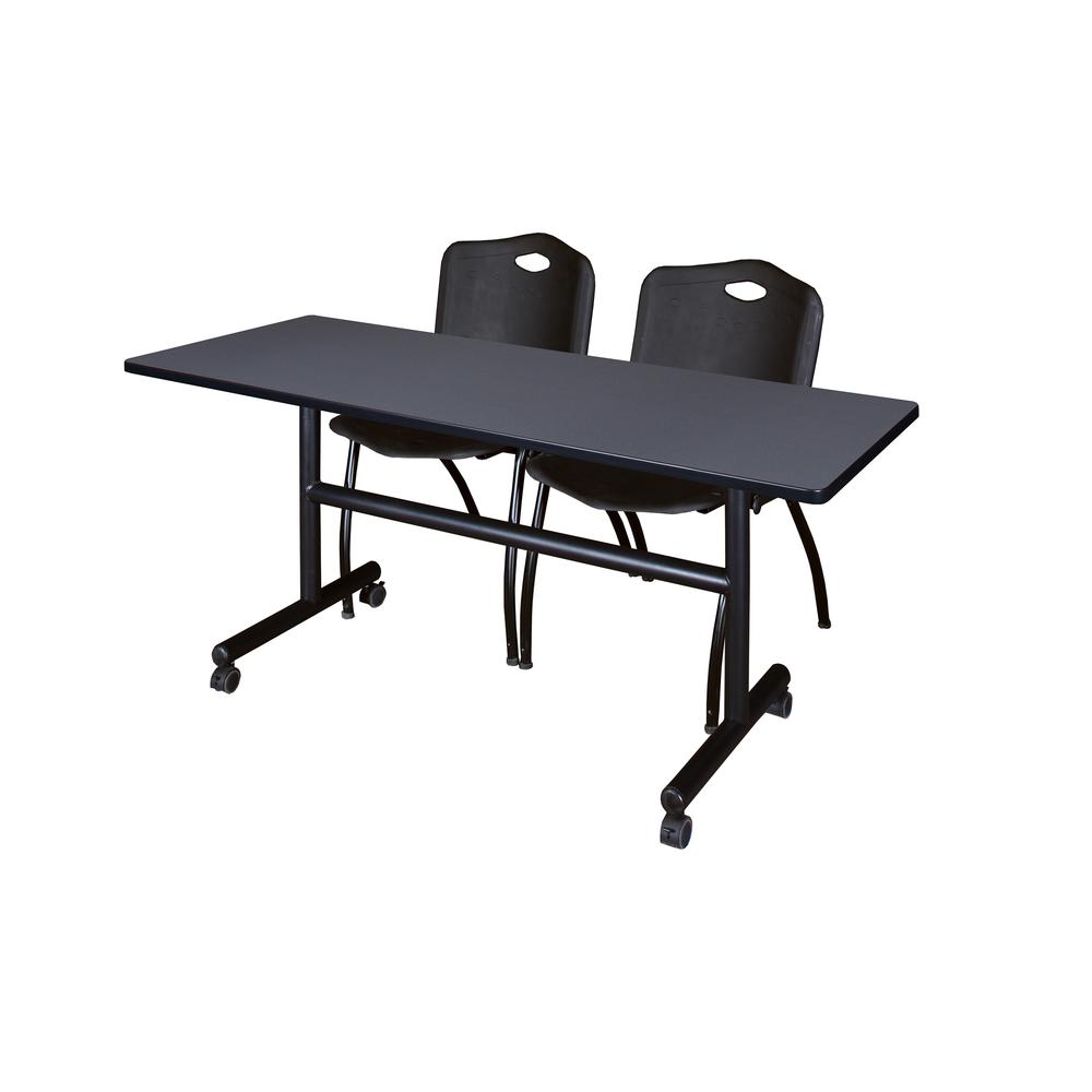 60" x 30" Flip Top Mobile Training Table- Grey and 2 "M" Stack Chairs- Black. Picture 1