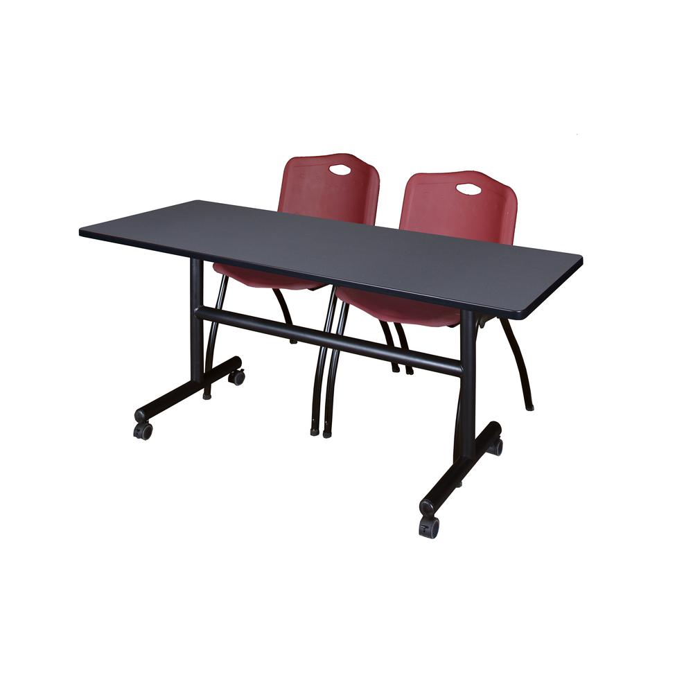 60" x 30" Flip Top Mobile Training Table- Grey and 2 "M" Stack Chairs- Burgundy. Picture 1
