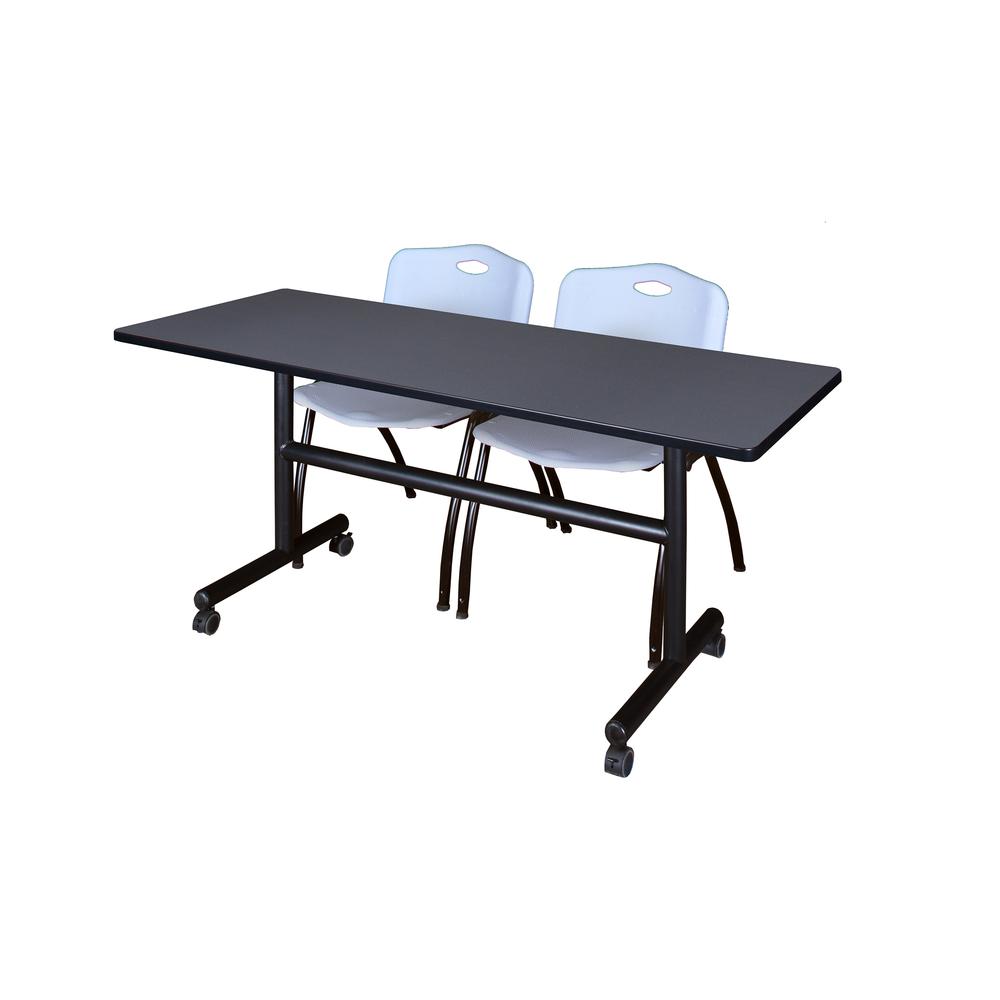 60" x 30" Flip Top Mobile Training Table- Grey and 2 "M" Stack Chairs- Grey. Picture 1